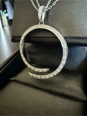 14K White Gold Open Circle Diamond Pendant on Double-strand White Gold Chain